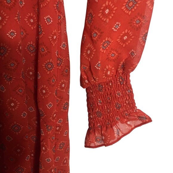 Boho Handkerchief hem Dress Women Large 12/14 red Orange print Long Sleeve - Picture 7 of 16